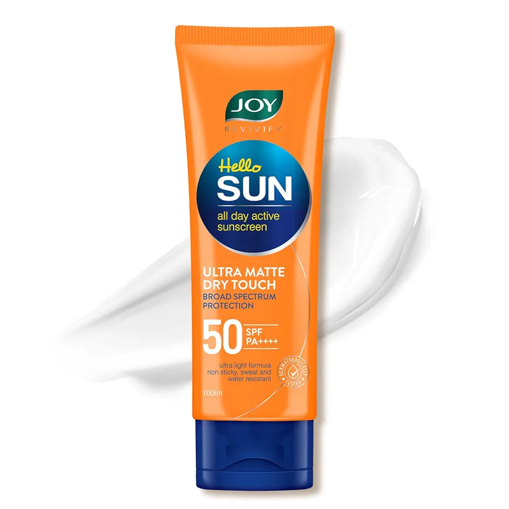 Image of Joy Hello Sun Ultra Matte Sunscreen SPF 50 PA ++++ (100ml) | Protects & Controls Oil | Ultra Light, Water Resistant & No White Cast | SPF50 For Oily, Dry, Acne-prone Skin