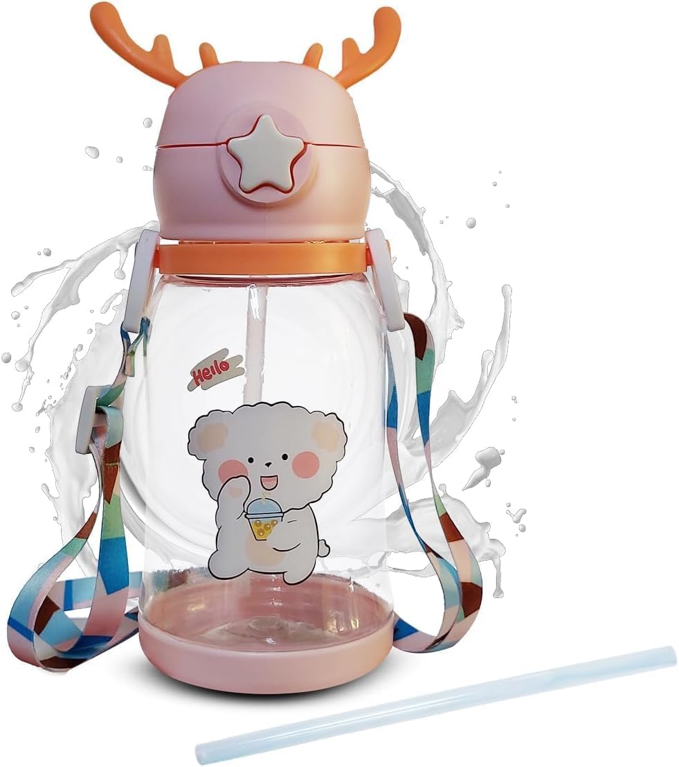 Image of Kids Cartoon Water Bottle with Straw – 600 ml | Portable, Leak-Proof, Large Capacity | With Shoulder Strap – Multicolor