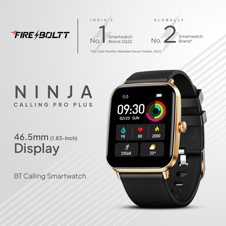Image of Fire-Boltt Ninja Calling Pro Plus 46.5mm (1.83) Display Bluetooth Calling, Al Voice Smartwatch (Gold Black Strap, Free Size)