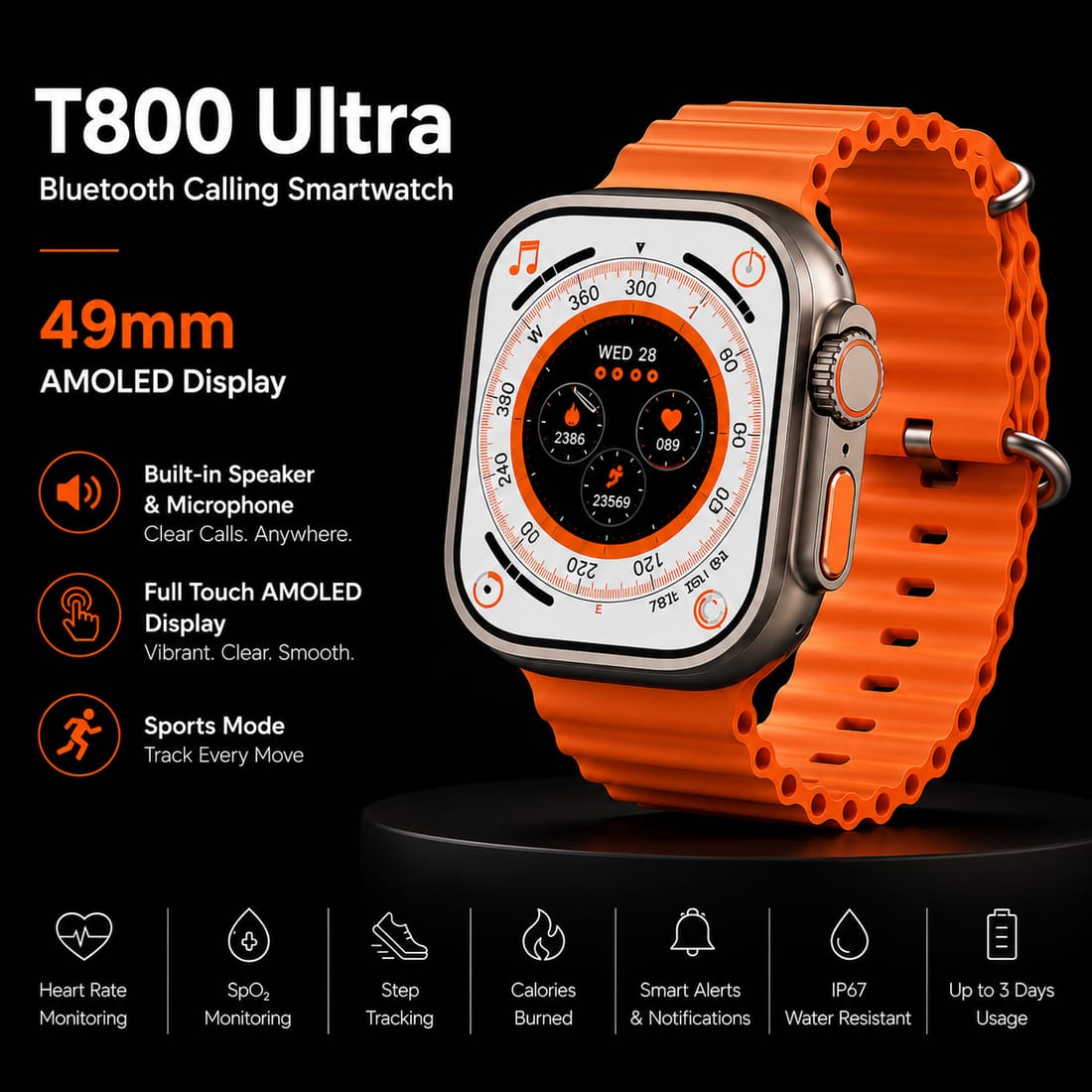 T-800 Ultra Smart Watch for Men & Women | 49mm AMOLED Touch Display | Bluetooth Calling | Heart Rate & SpO₂ Monitoring | Wireless Charging Image 2